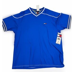 Vintage Tommy Jeans V-Neck Shirt XL Blue 90s Y2K Flag Logo Mens NEW Old Stock